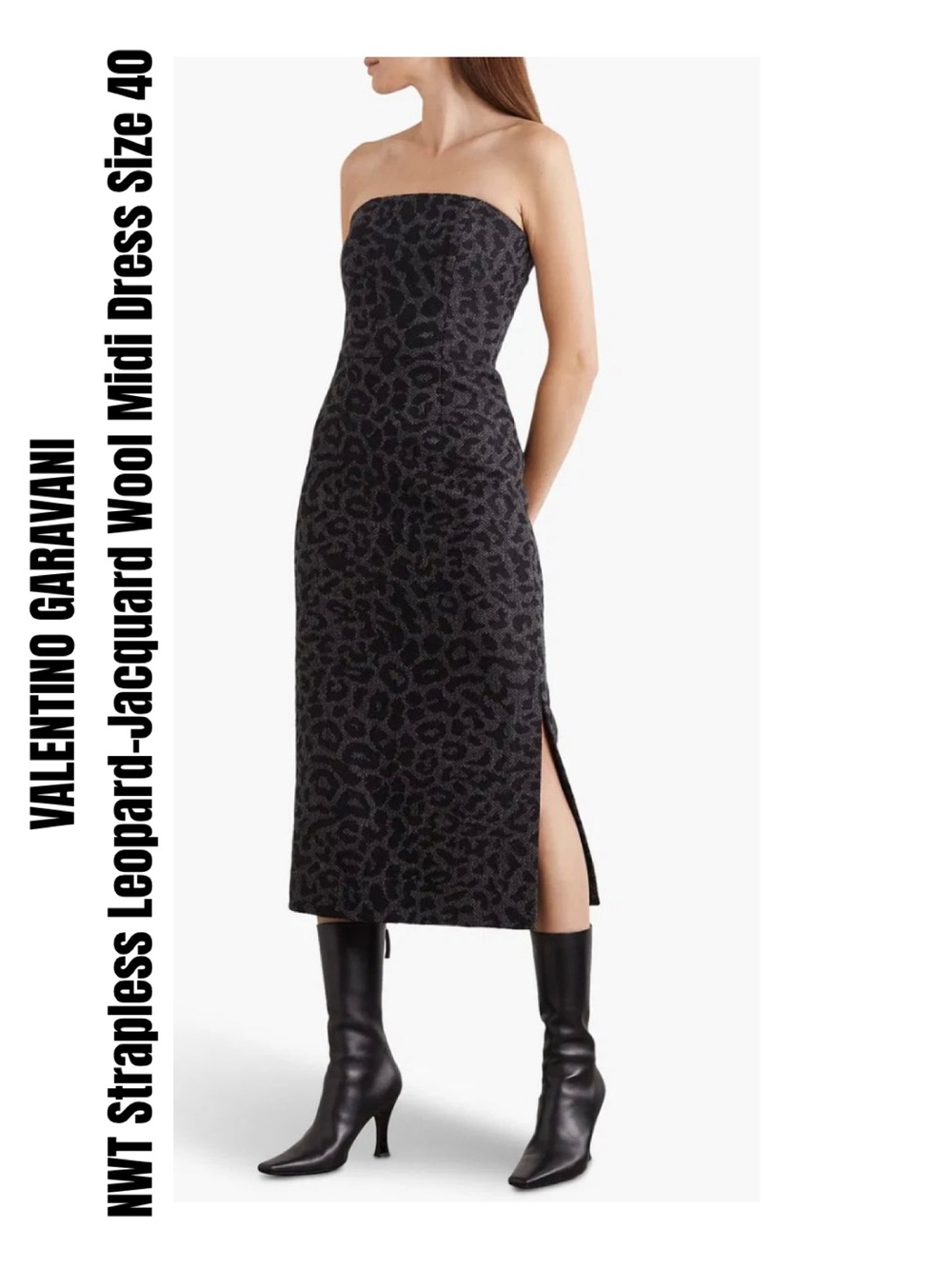 VALENTINO GARAVANI
NWT Strapless Leopard-Jacquard Wool Midi Dress Size 40